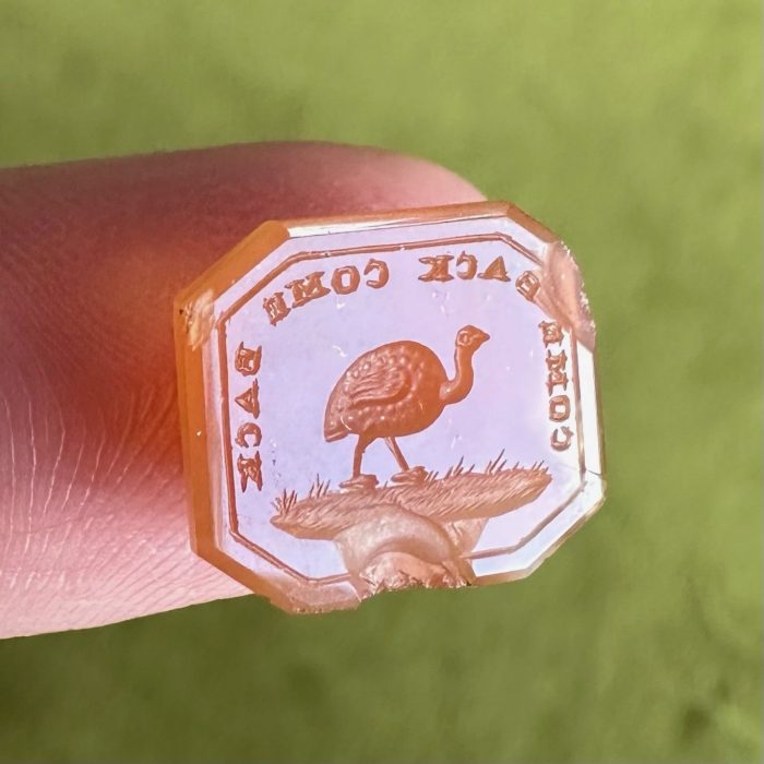 Orange agate east west intaglio featuring an emu with the inscription Come Back, Come Back