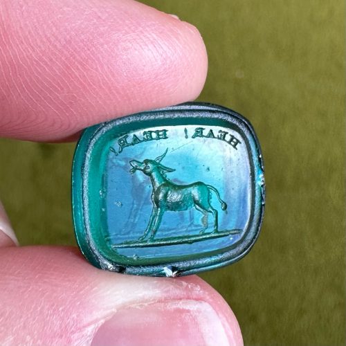 Rare turquoise James Tassie intaglio seal engraved with a braying donkey with the words Hear! Hear!