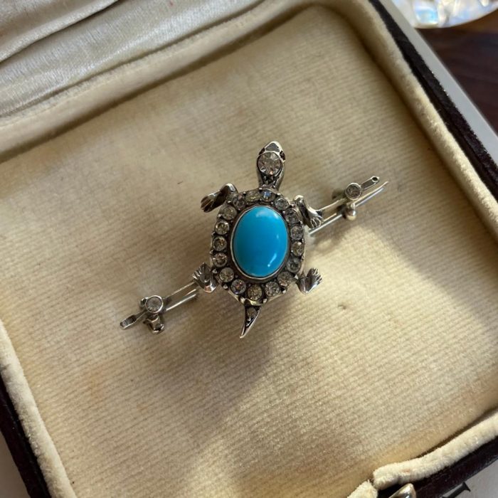 Silver and turquoise cabochon tortoise brooch