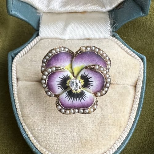 Antique 14ct Gold, Enamel, Seed Pearl & Diamond Pansy Ring