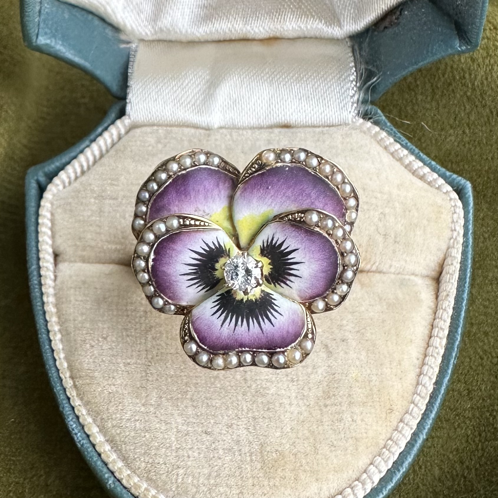 Antique 14ct Gold, Enamel, Seed Pearl & Diamond Pansy Ring