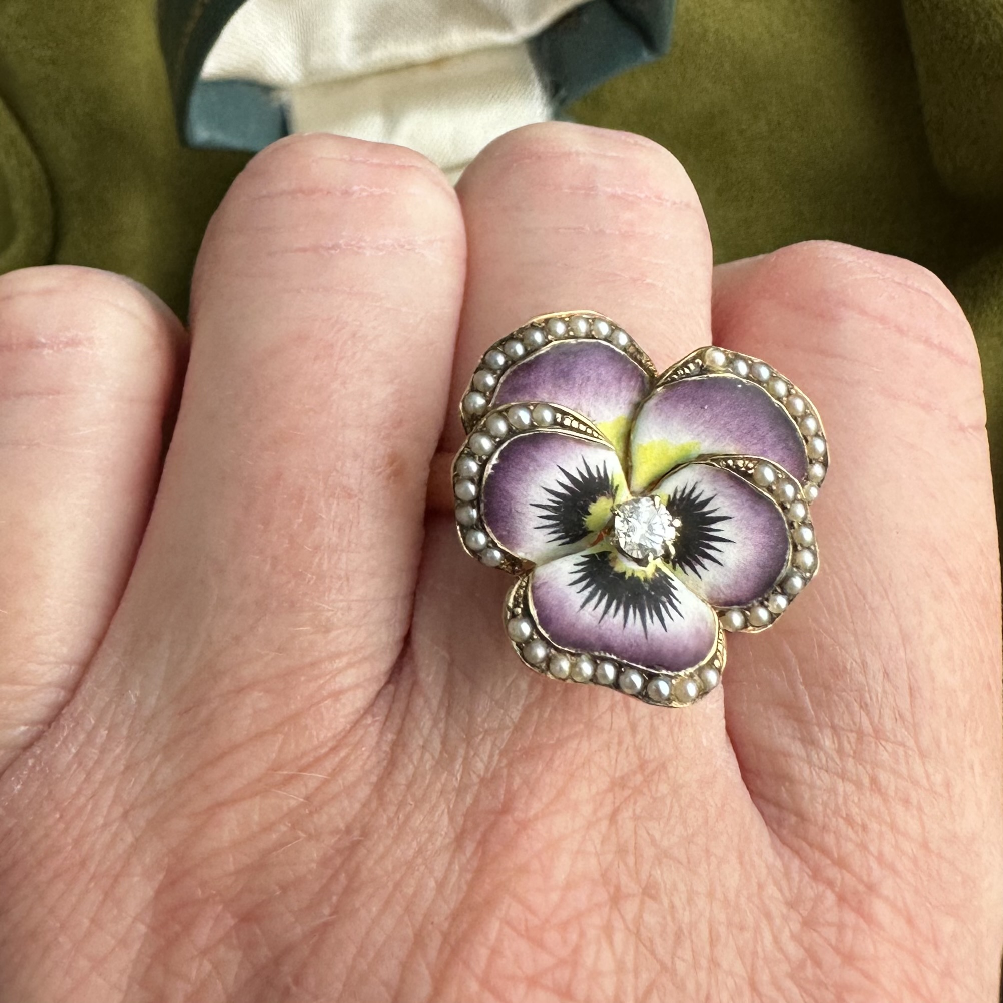 Antique 14ct Gold, Enamel, Seed Pearl & Diamond Pansy Ring - Image 12