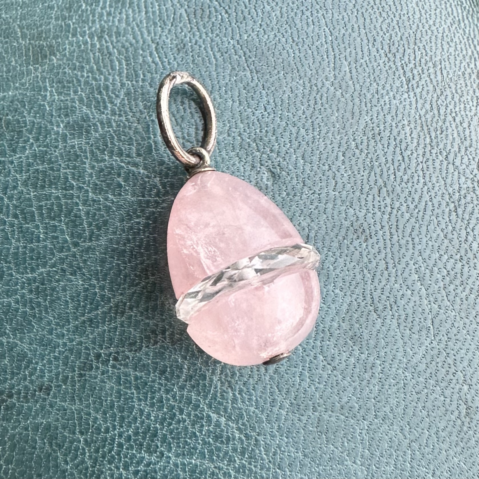 Antique Rose Quartz, Rock Crystal & Silver Egg Pendant - Image 3