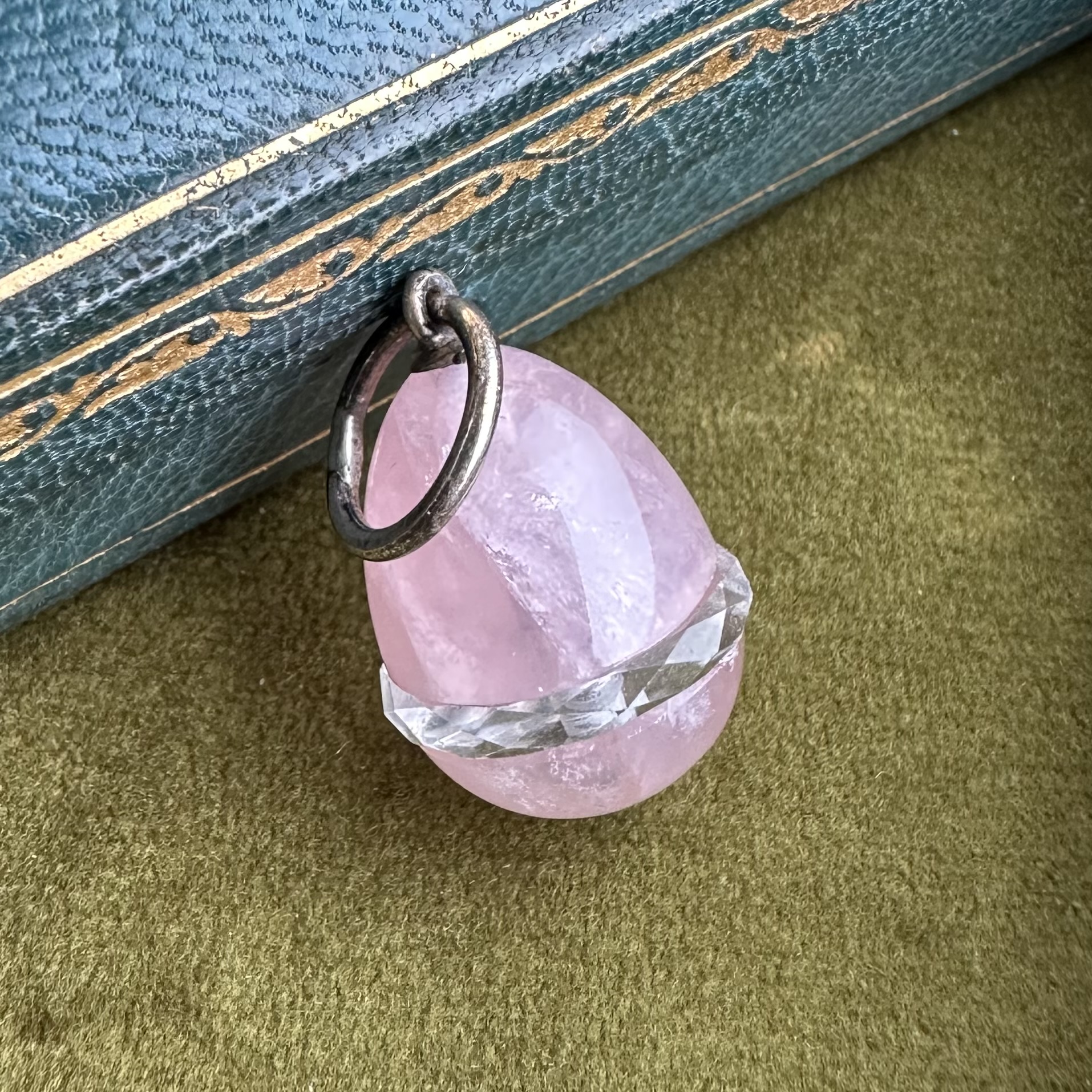 Antique Rose Quartz, Rock Crystal & Silver Egg Pendant - Image 5