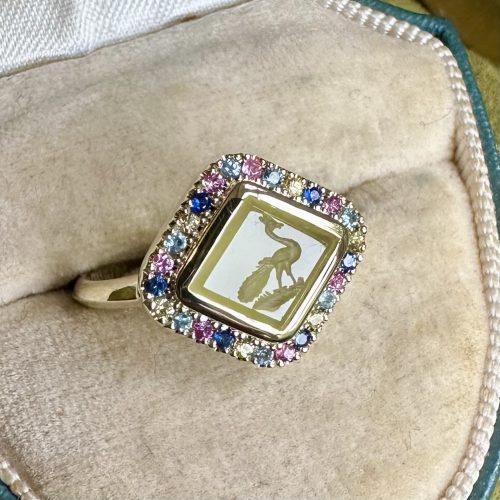 Peacock Pride 14ct Gold Dainty Ring With Ombré Sapphire & Aquamarine Halo