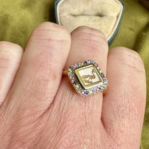 Peacock Pride 14ct Gold Dainty Ring With Ombré Sapphire & Aquamarine Halo