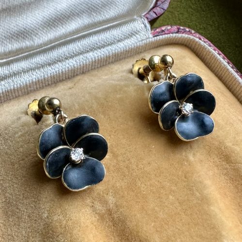 Victorian 18ct Gold, Black Enamel & Diamond Pansy Screw-back Earrings
