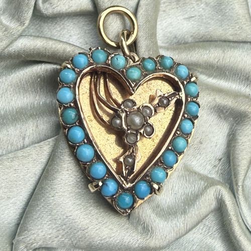 Antique Gold, Turquoise & Seed Pearl Heart Pendant