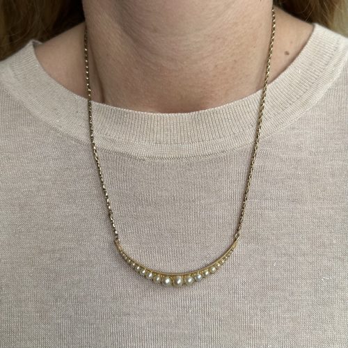Antique 15ct Gold & Pearl Crescent Necklace