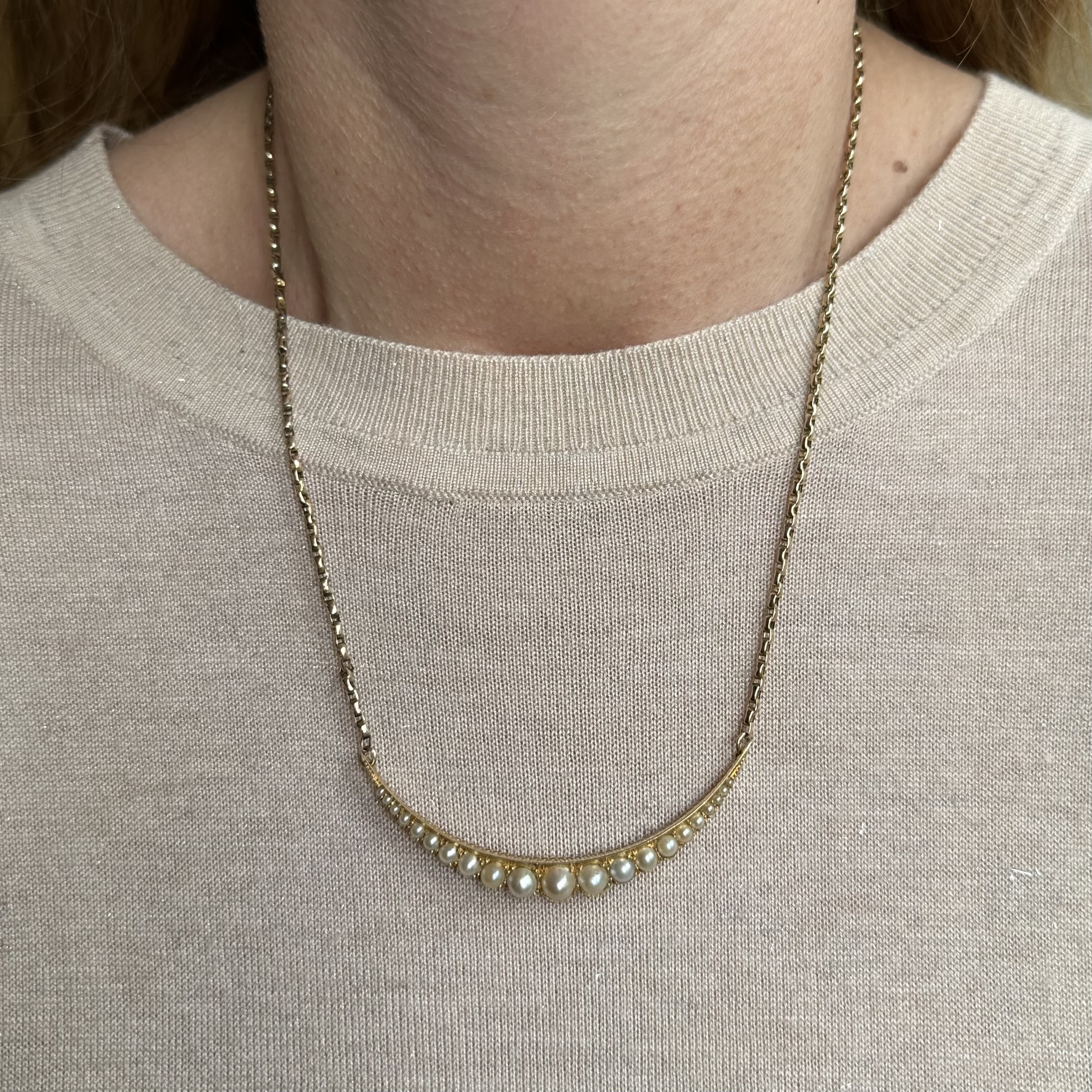 Antique 15ct Gold & Pearl Crescent Necklace - Image 2
