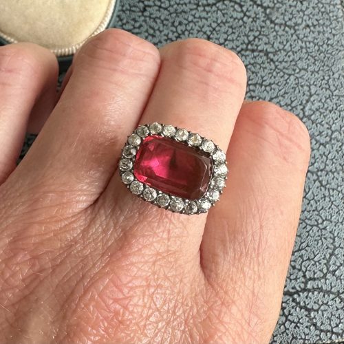 Georgian Brooch Conversion Ring With Closed Back Red & White Paste