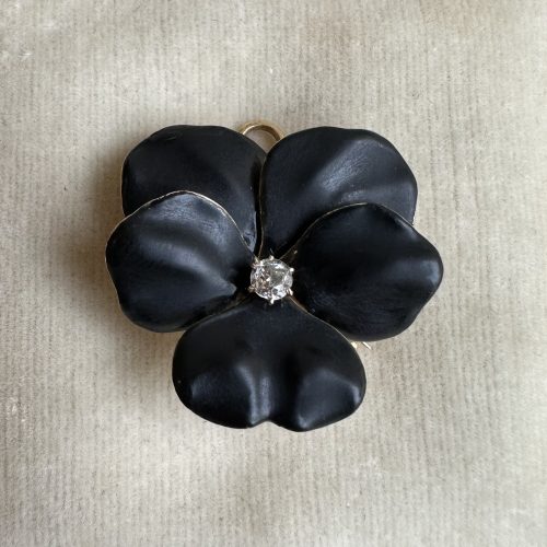 Victorian 18ct Gold Black Enamel & Diamond Pansy Brooch & Pendant