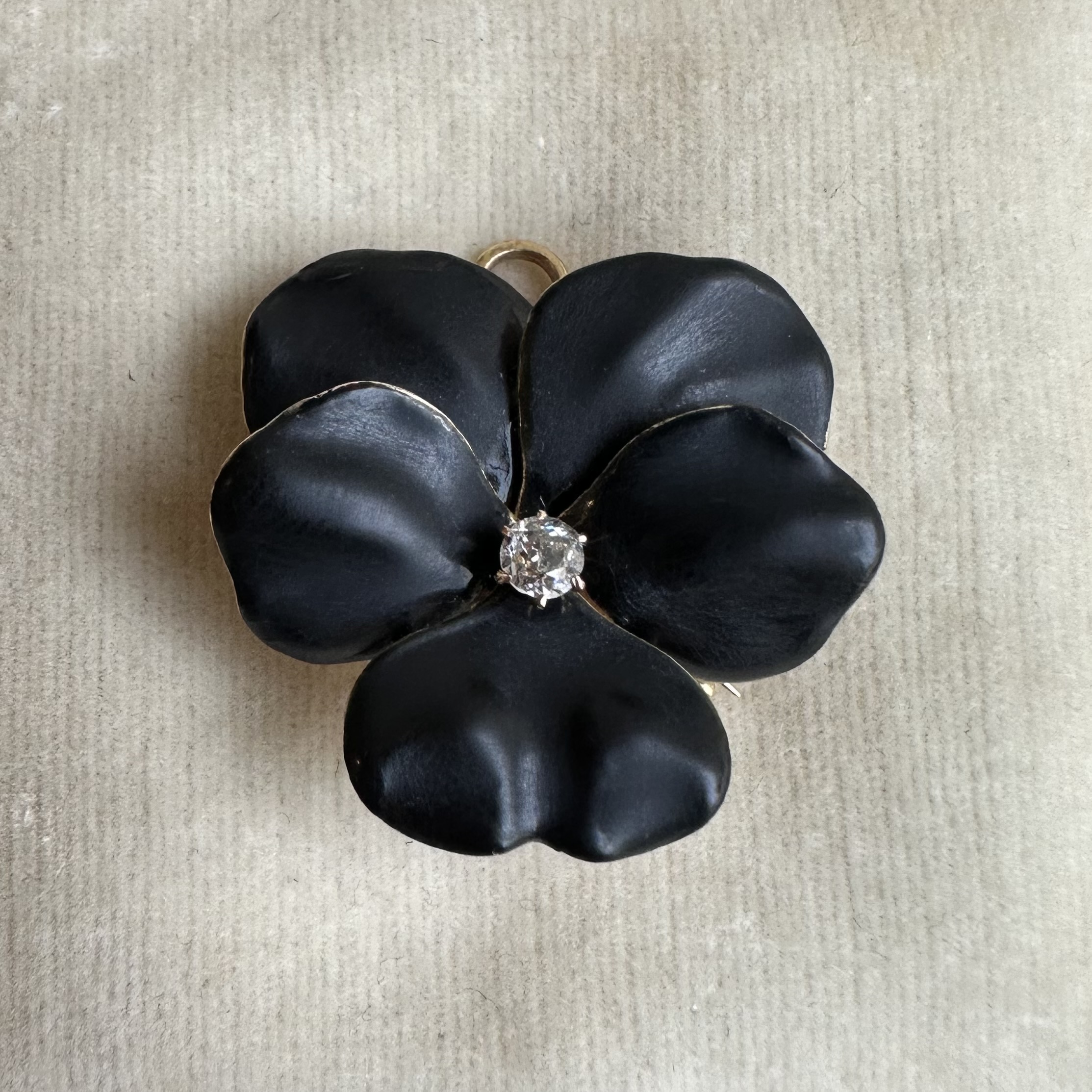 Victorian 18ct Gold Black Enamel & Diamond Pansy Brooch & Pendant