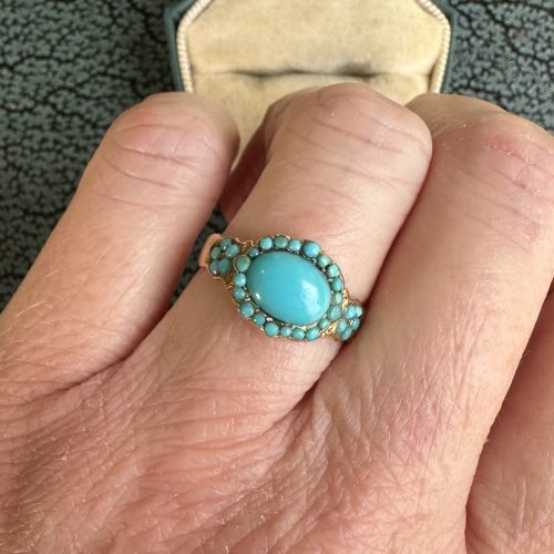 Georgian 18ct Gold & Turquoise Cabochon Forget Me Not Ring