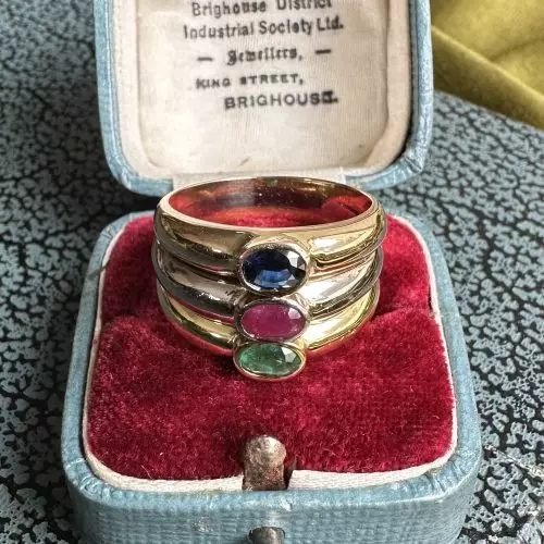 18ct Yellow, White, Rose Gold Triple Band Ring With Blue Sapphire, Ruby, Emerald
