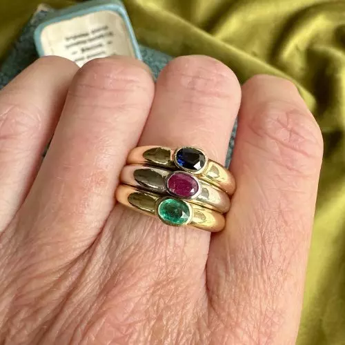 18ct Yellow, White, Rose Gold Triple Band Ring With Blue Sapphire, Ruby, Emerald