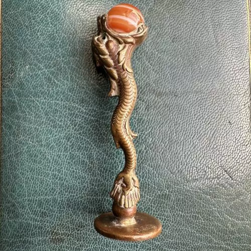 Brass Dolphin Holding A Banded Agate Ball Desk Seal With Initial G