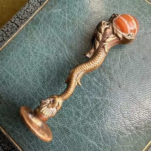 Brass Dolphin Holding A Banded Agate Ball Desk Seal With Initial G