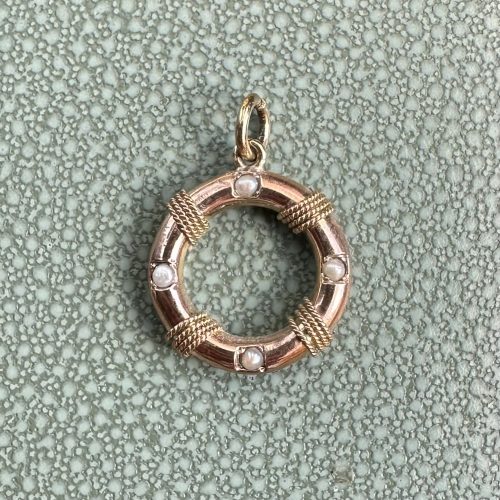 Antique 9ct Gold & Pearl Life Saver Ring Charm