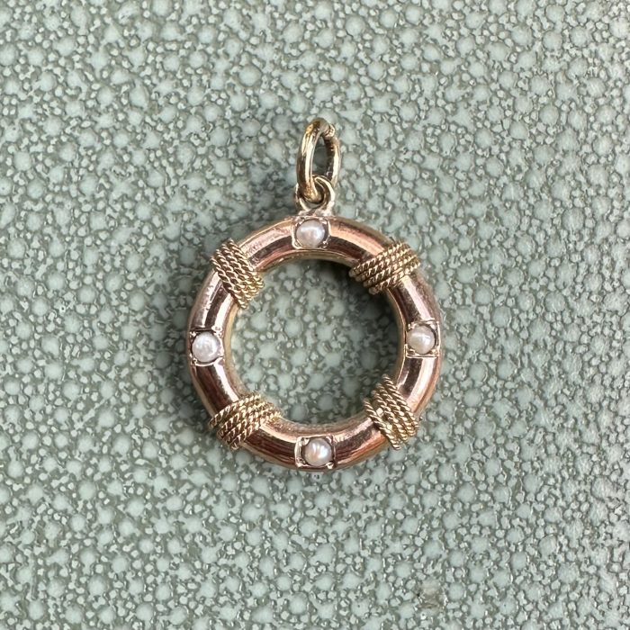 Antique 9ct Gold & Pearl Life Saver Ring Charm