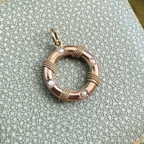 Antique 9ct Gold & Pearl Life Saver Ring Charm