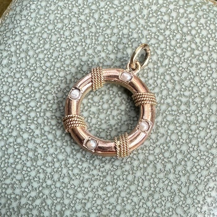 Antique 9ct Gold & Pearl Life Saver Ring Charm - Image 3