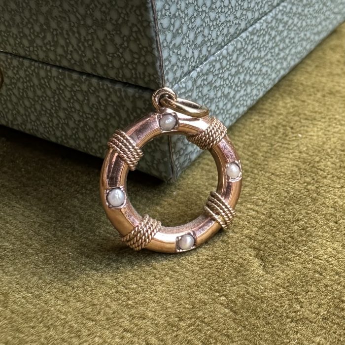 Antique 9ct Gold & Pearl Life Saver Ring Charm - Image 7