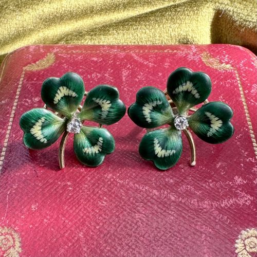 14ct Gold Four Leaf Clover Enamel & Diamond Earrings