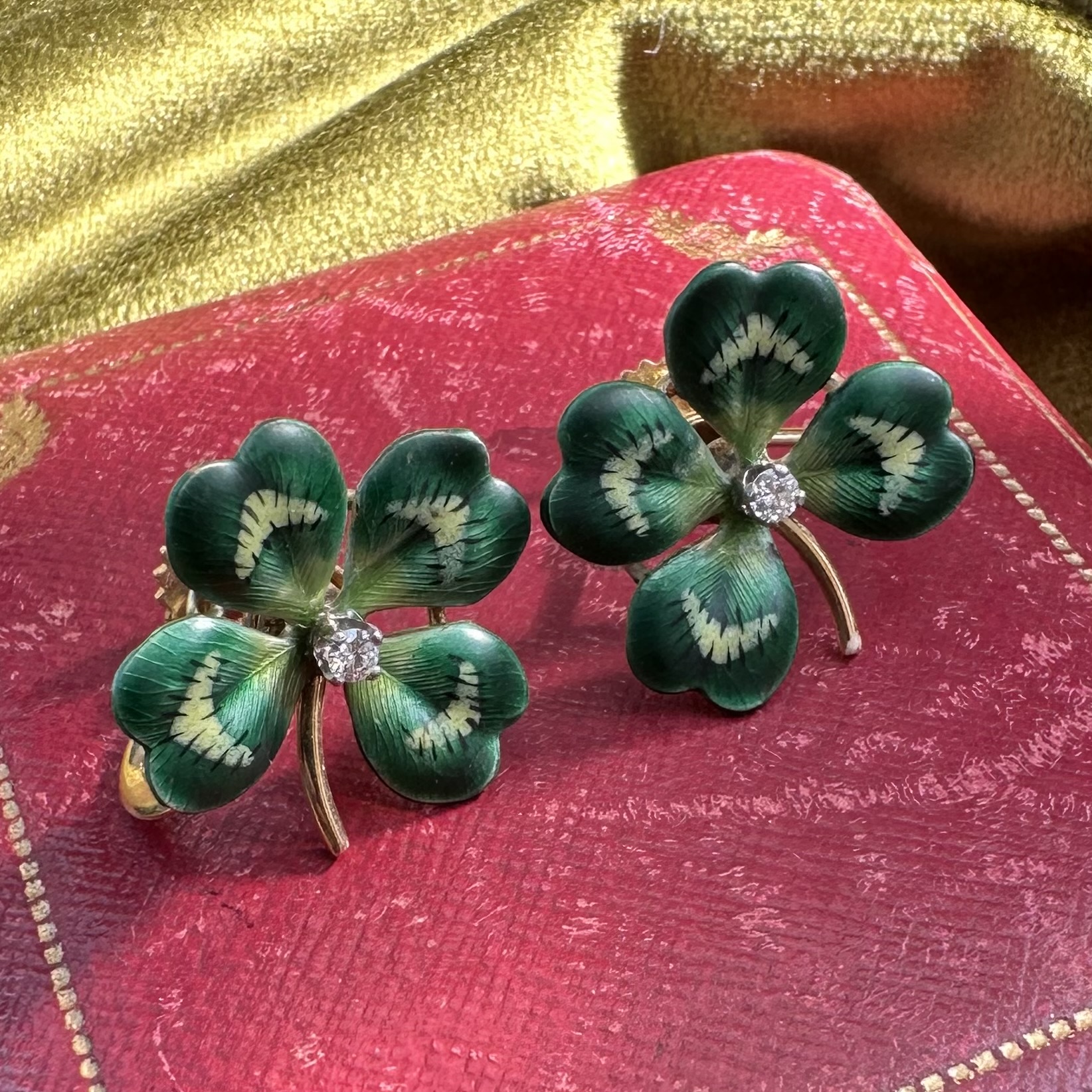 14ct Gold Four Leaf Clover Enamel & Diamond Earrings - Image 2