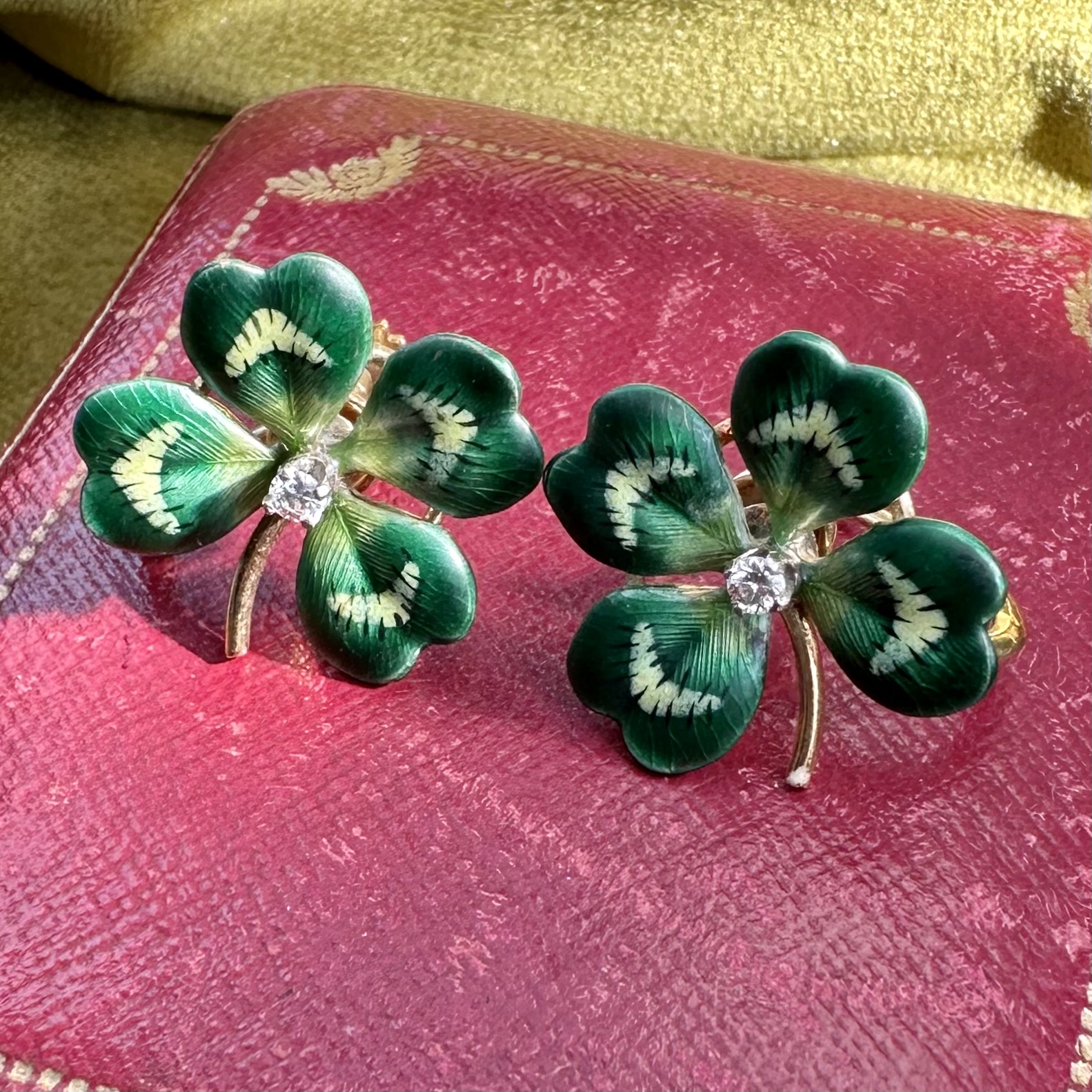 14ct Gold Four Leaf Clover Enamel & Diamond Earrings - Image 3