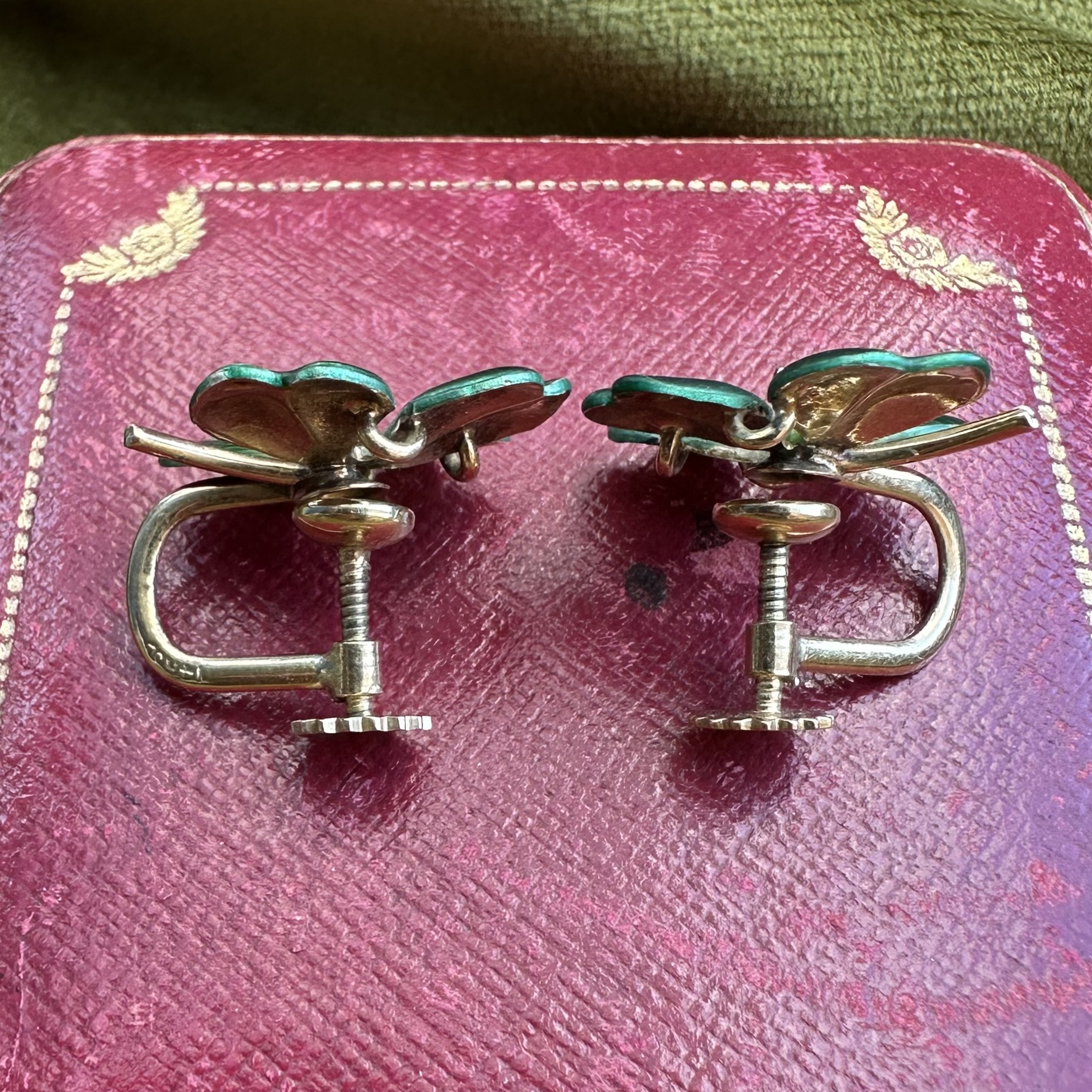 14ct Gold Four Leaf Clover Enamel & Diamond Earrings - Image 4