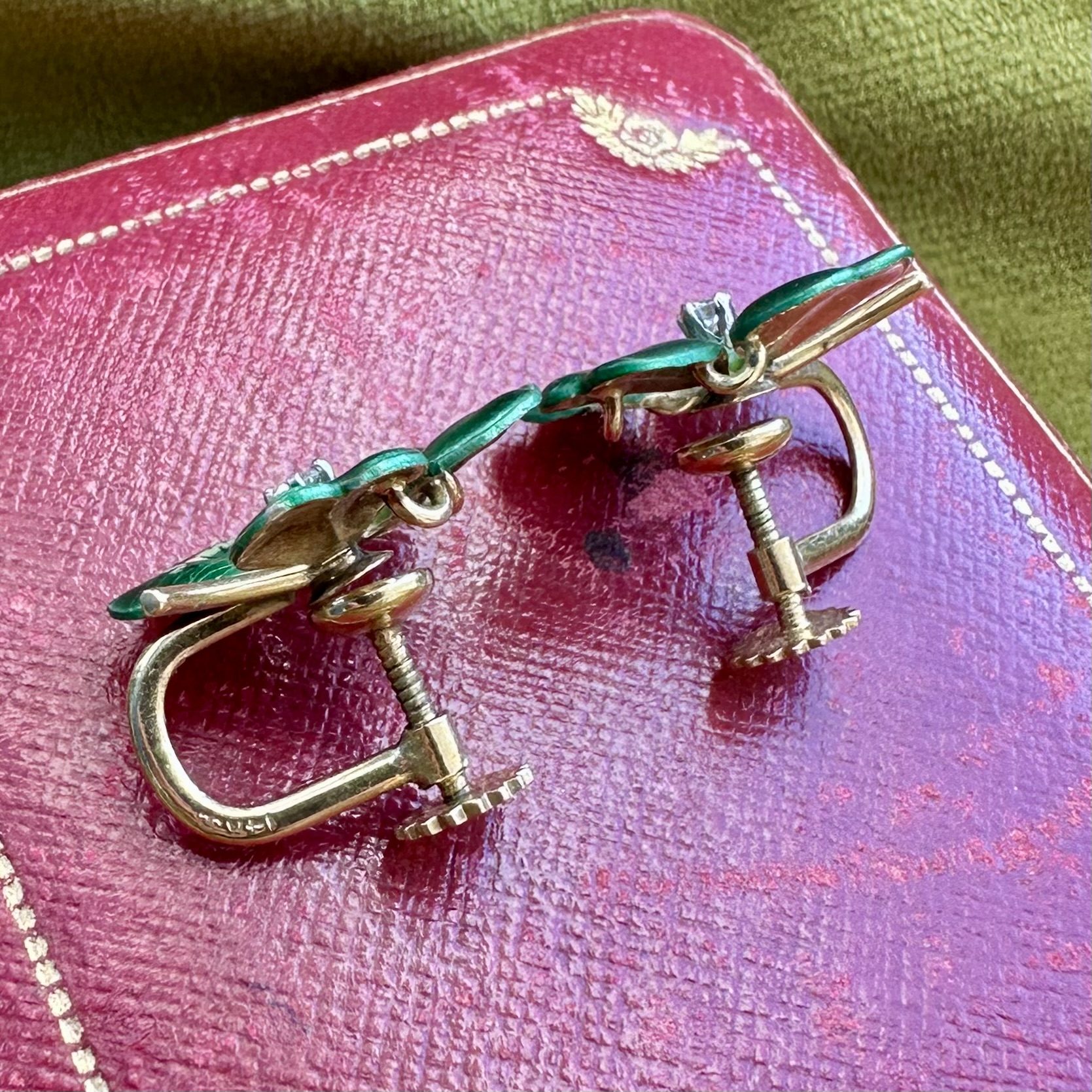 14ct Gold Four Leaf Clover Enamel & Diamond Earrings - Image 5