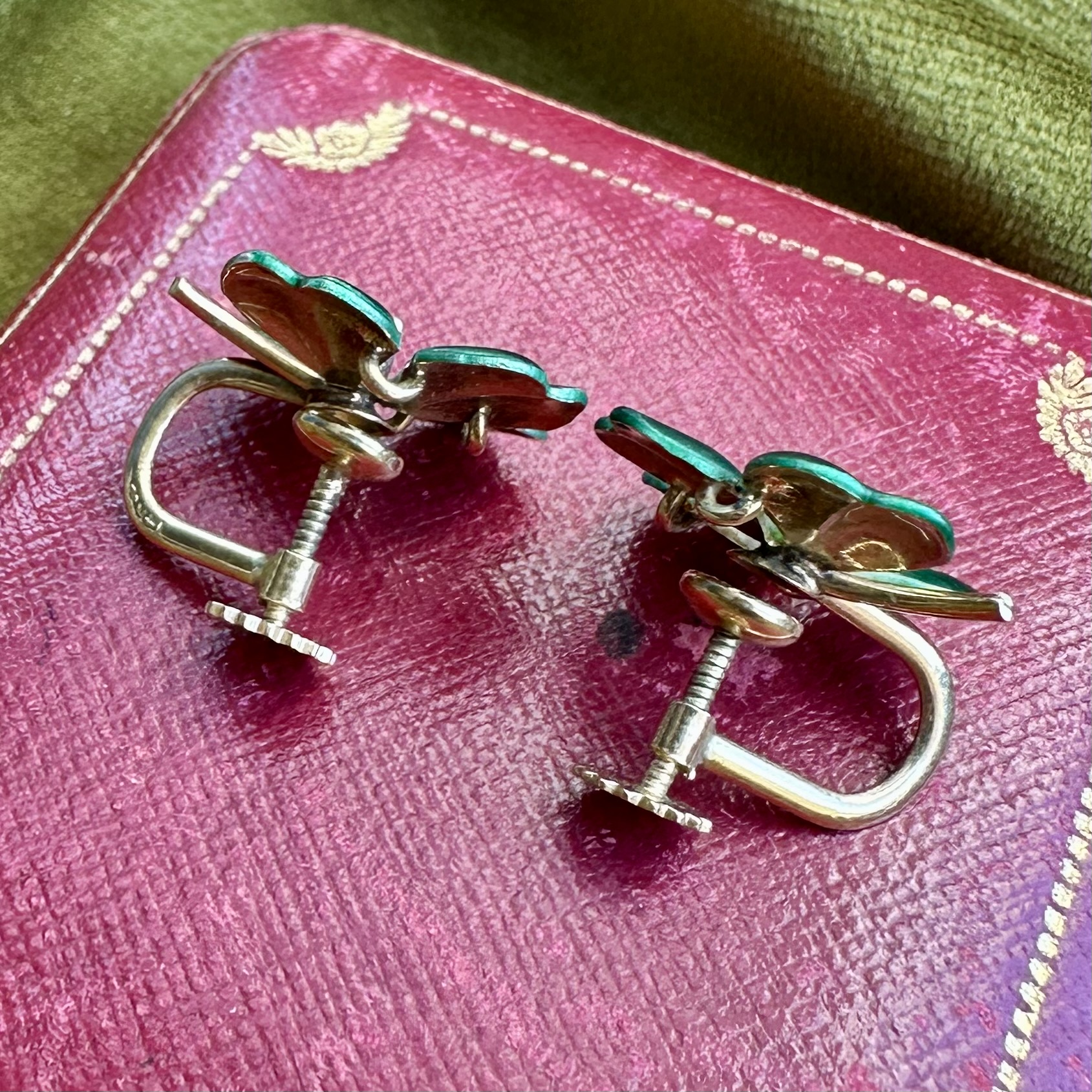 14ct Gold Four Leaf Clover Enamel & Diamond Earrings - Image 6