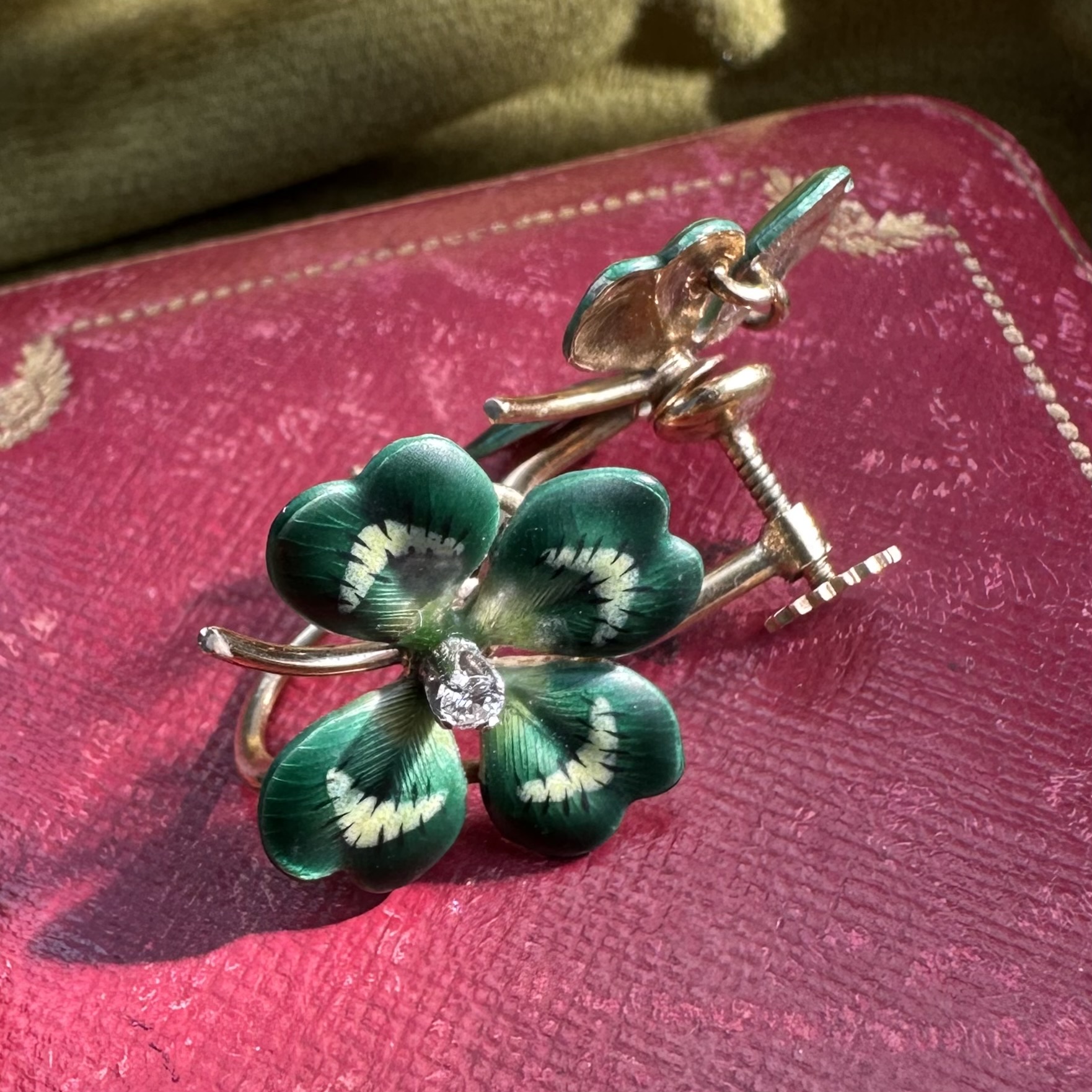 14ct Gold Four Leaf Clover Enamel & Diamond Earrings - Image 7