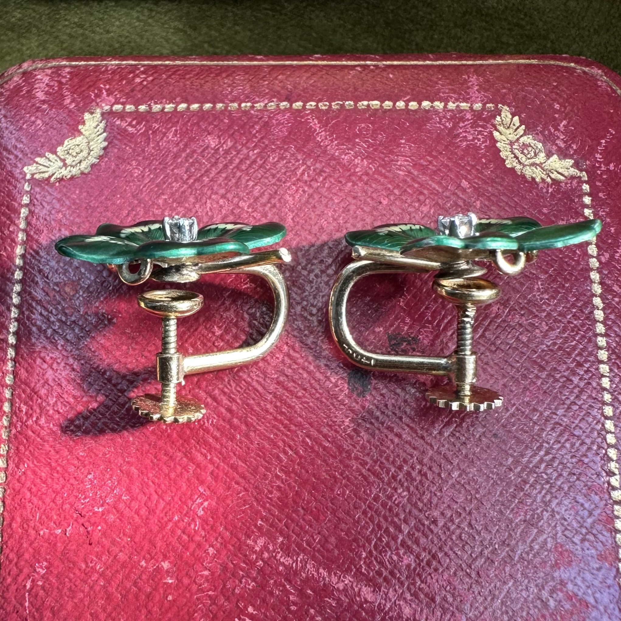 14ct Gold Four Leaf Clover Enamel & Diamond Earrings - Image 8