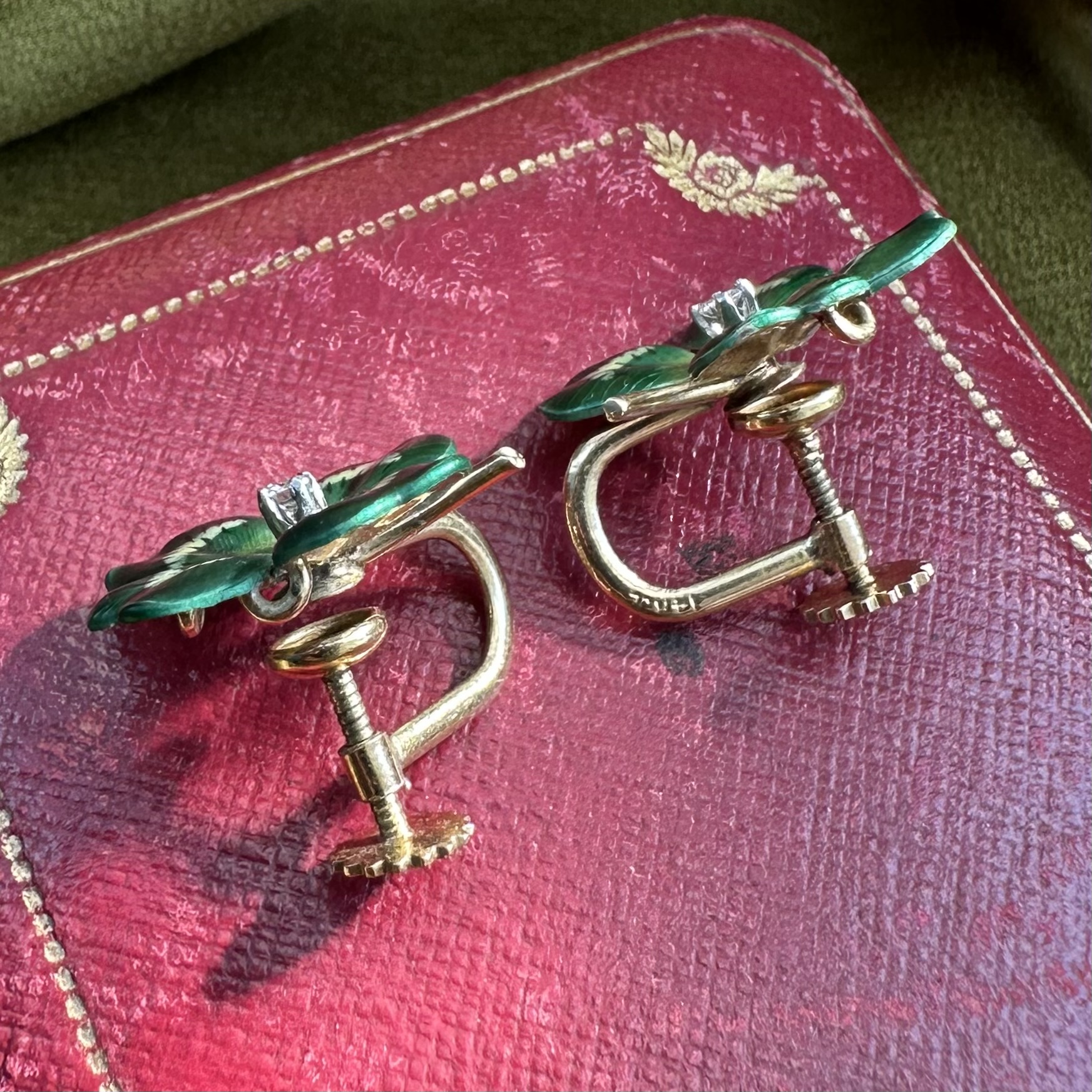 14ct Gold Four Leaf Clover Enamel & Diamond Earrings - Image 9