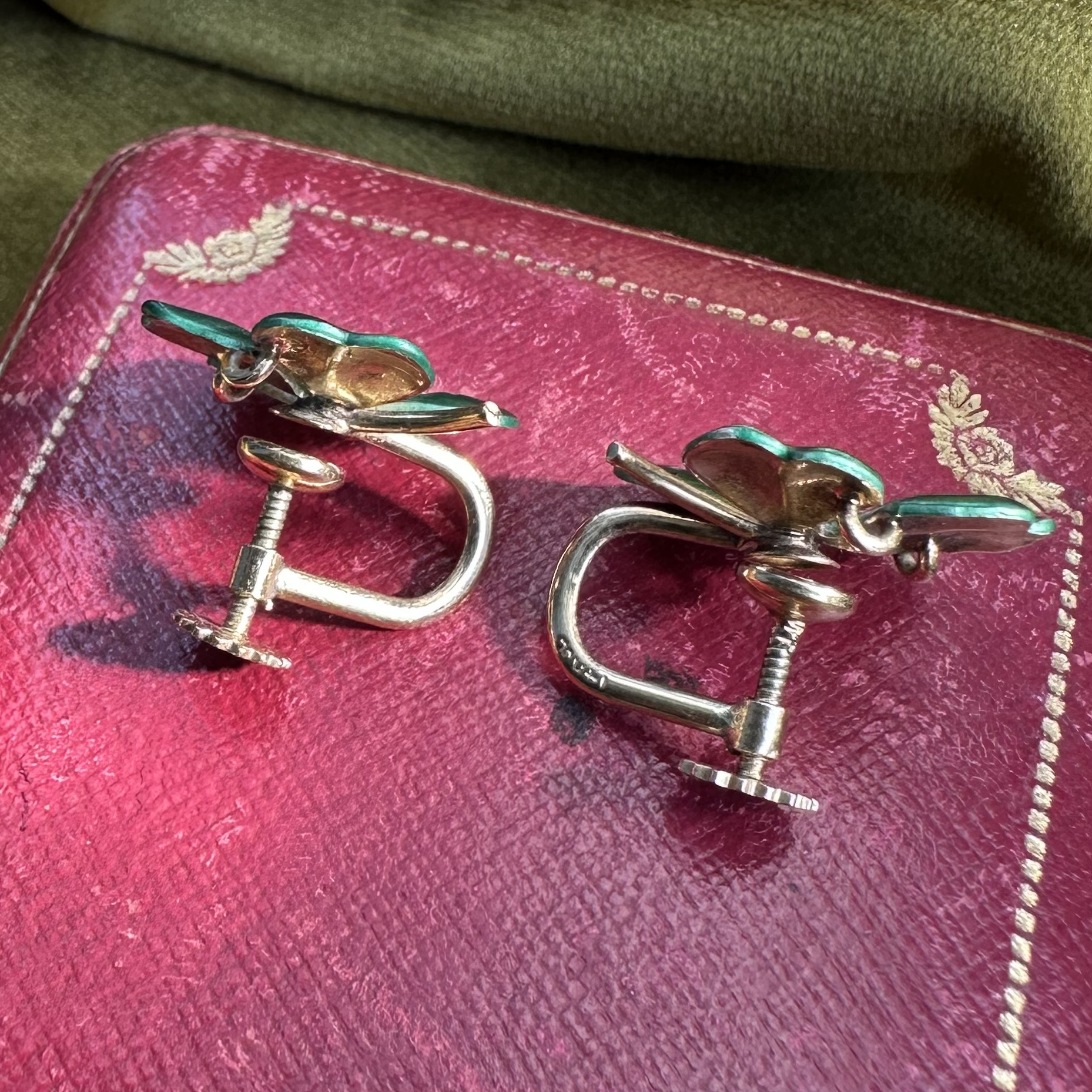 14ct Gold Four Leaf Clover Enamel & Diamond Earrings - Image 10