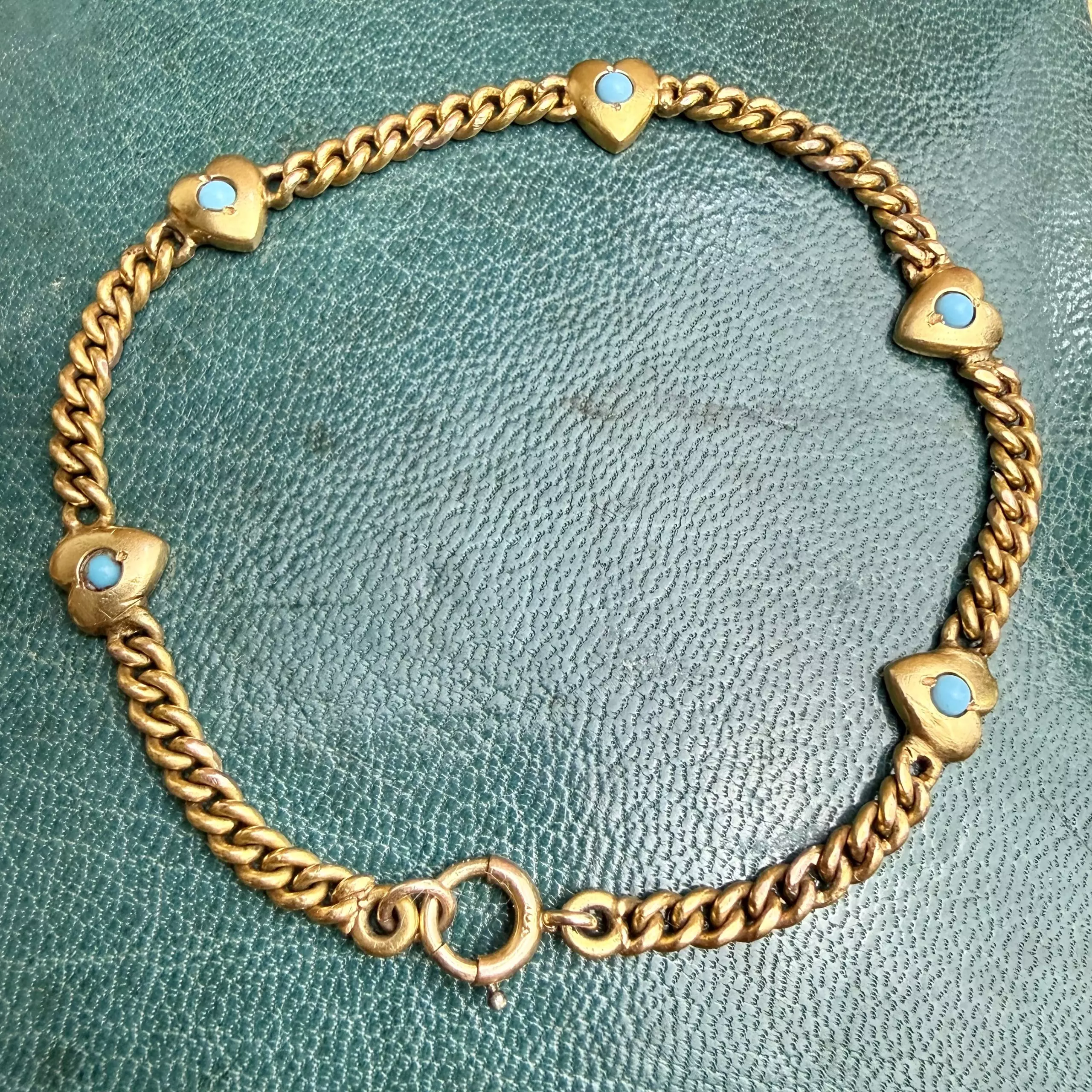 Victorian 20ct & Natural Turquoise Heart Curb Bracelet