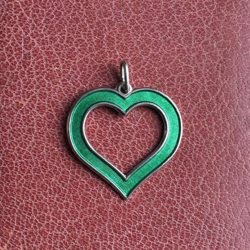 Vintage Norwegian Sterling Silver & Green Enamel Heart Pendant