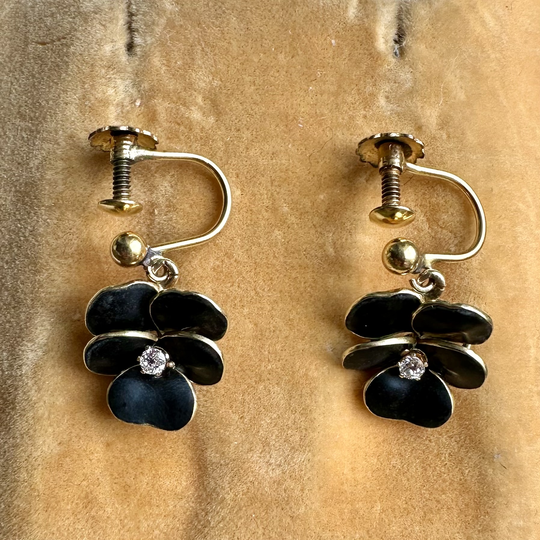 Victorian 18ct Gold, Black Enamel & Diamond Pansy Screw-back Earrings - Image 5