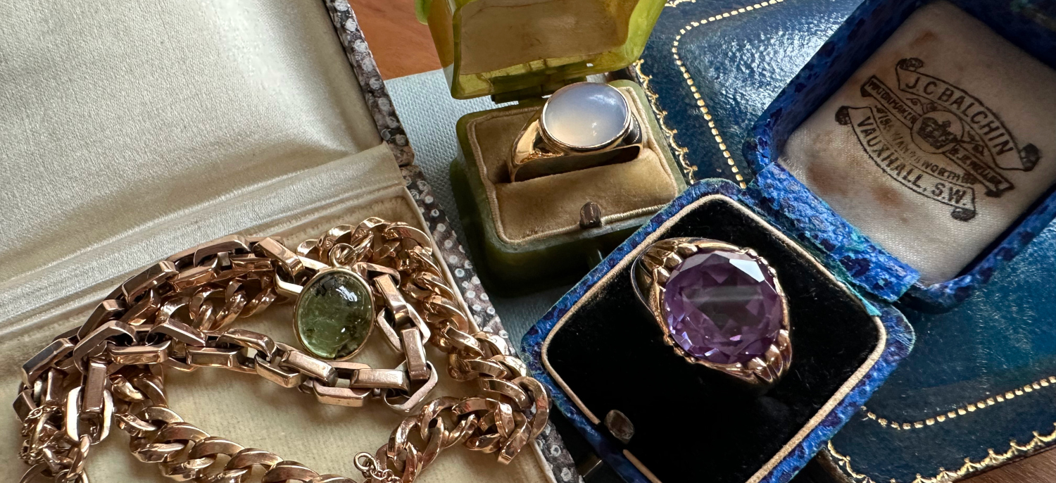 Collection of vintage and antique rings with an antique chain