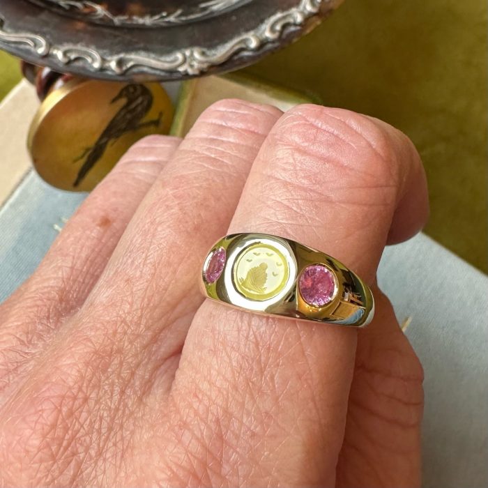 Rubover colour pop intaglio ring on finger
