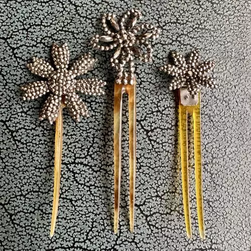 Trio Of Victorian Cut Steel Flower Hair Pins