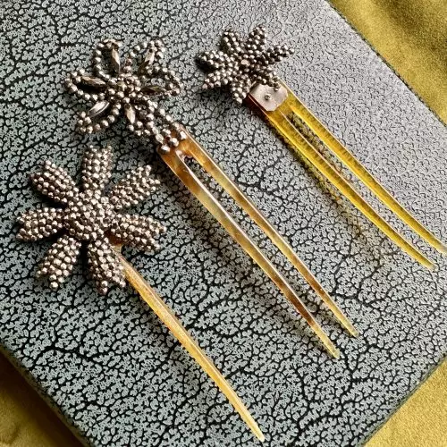 Trio Of Victorian Cut Steel Flower Hair Pins